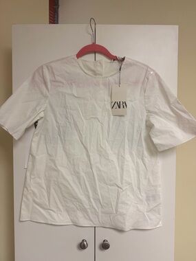 Zara White Crew Neck Cotton Blouse oversized T shirt